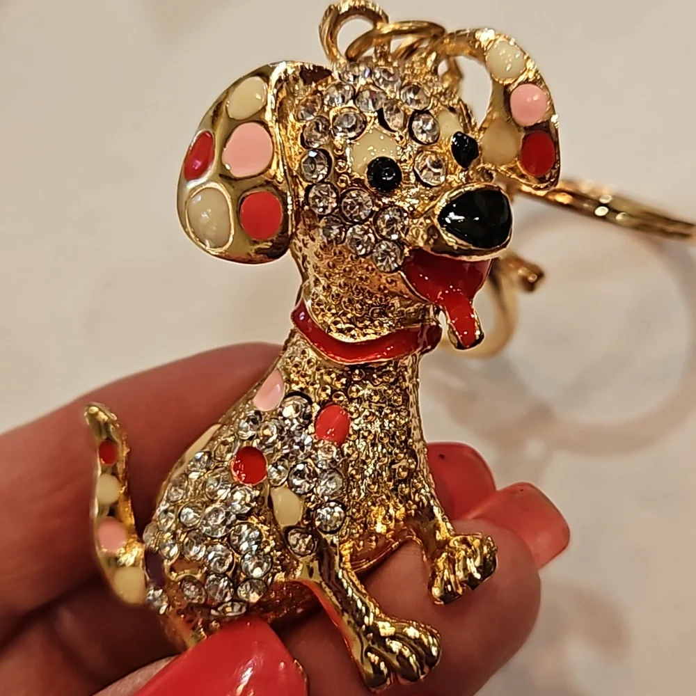 ROSEGOLD RED PINK YELLOW BLING DOG WITH RED TONQUE‎ PUPPY KEYCHAIN